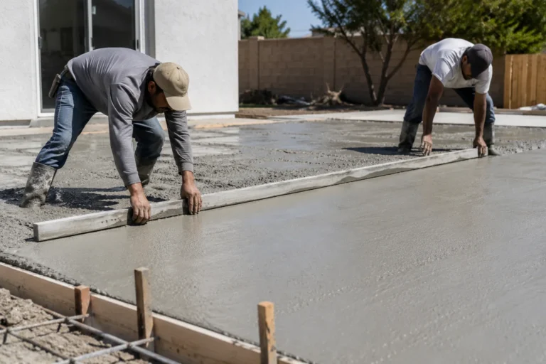 Two workers screeding a freshly poured concrete patio slab with a long straightedge