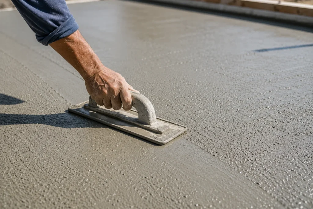 Worker using a hand float to smooth the surface of freshly poured concrete