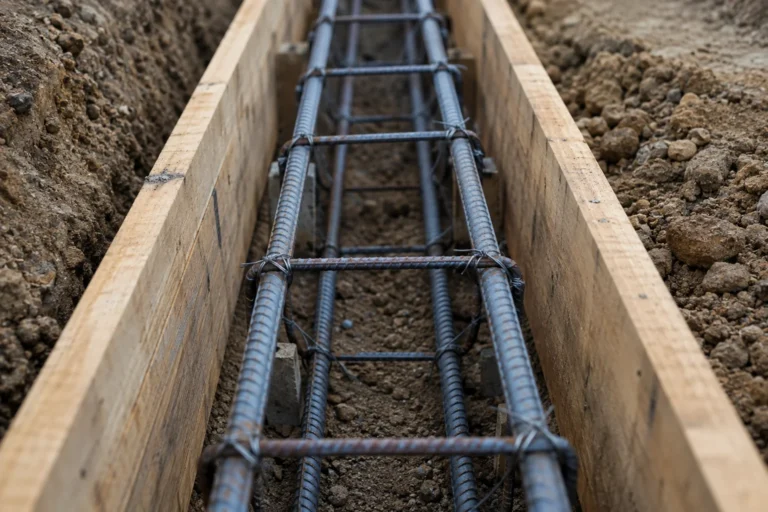 Close-up of rebar tied with wire inside a wood-framed footing trench