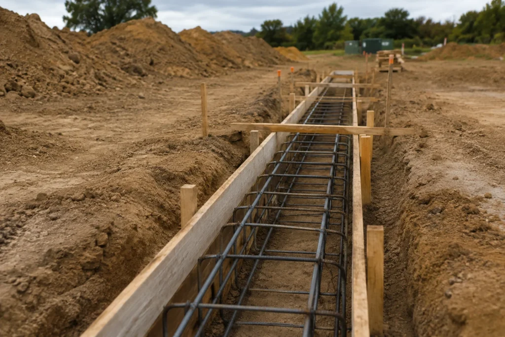 Excavated trench footing with wooden form boards and rebar ready for concrete