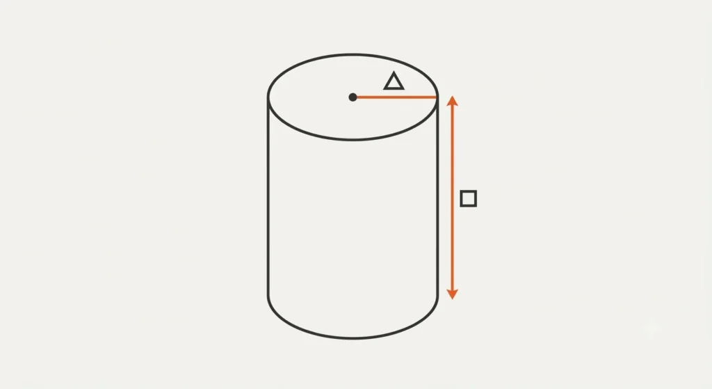 A simple, flat-design technical diagram of a vertical cylinder on an off-white background. It illustrates geometric concepts using minimal lines and construction colors.