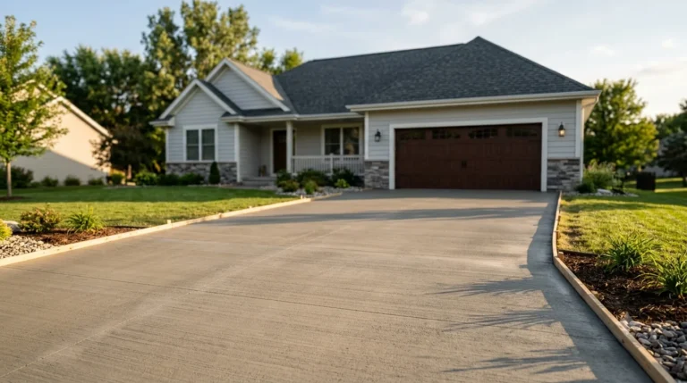 A freshly poured broom-finish concrete driveway leading to a suburban garage during late afternoon sunset.