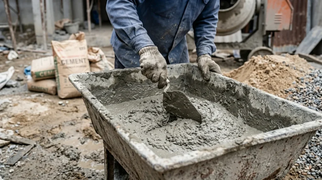 A close-up shot of a construction worker hand-mixing wet, grey concrete in a metal mixing trough using a pointed metal trowel.