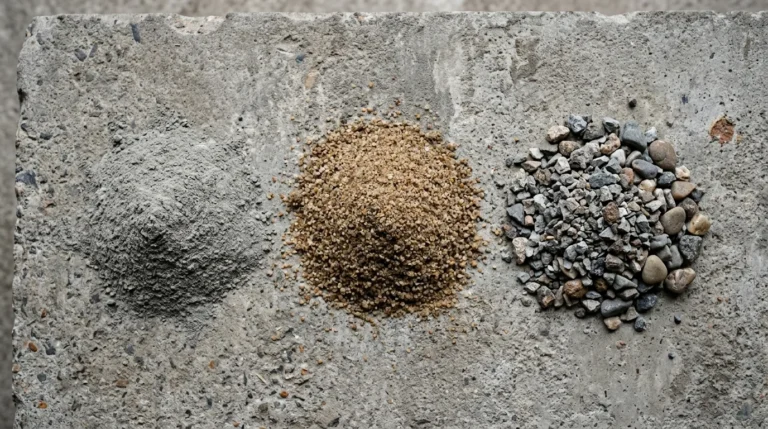 An overhead flat-lay photograph showing three distinct, small piles—cement powder, coarse sand, and grey gravel—arranged side-by-side on a weathered concrete slab.