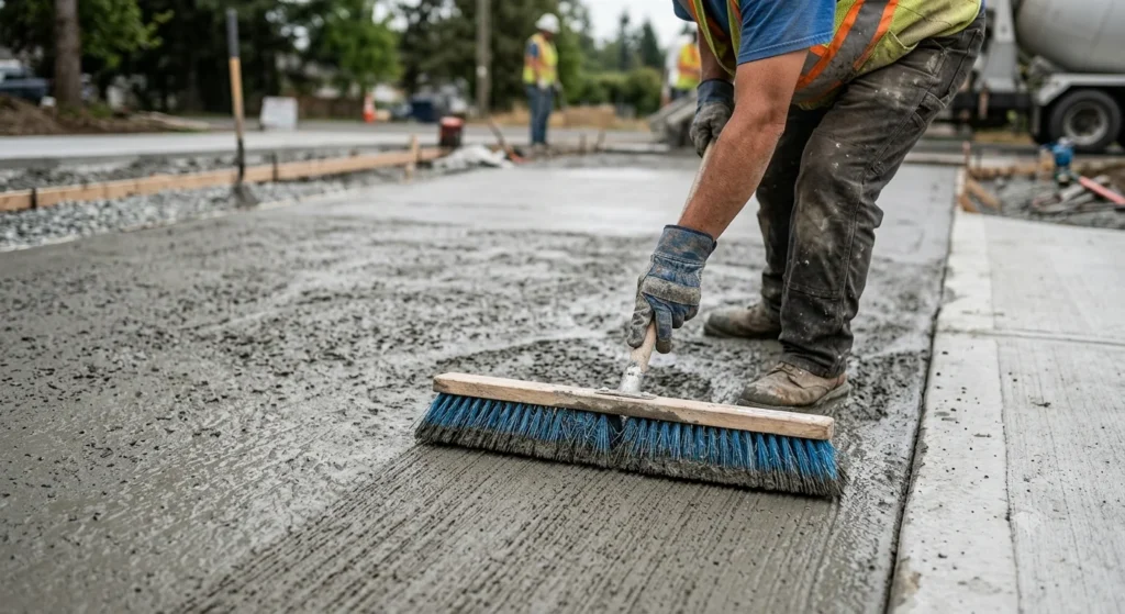 Close-up of a construction worker dragging a textured masonry broom across wet concrete to apply a broom finish.