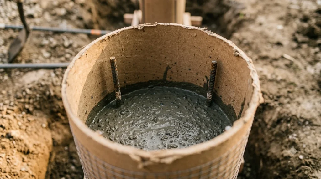 A top-down close-up view into a circular Sonotube form filled partway with wet concrete, with vertical rebar cages visible inside.