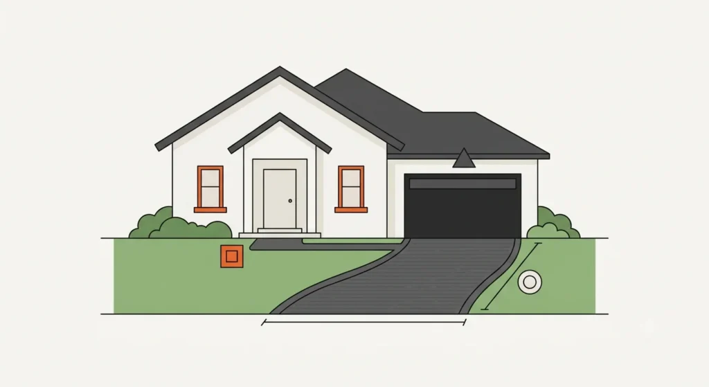Minimal vector graphic showing a residential house layout with a gray driveway leading to a garage.