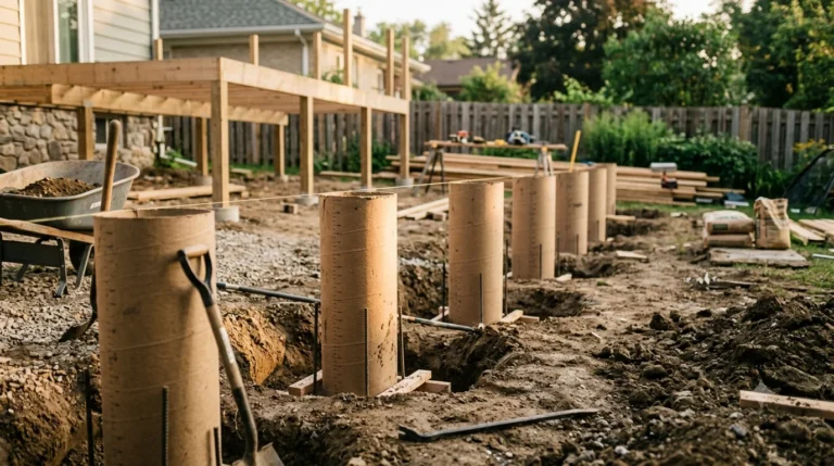 A row of six cardboard Sonotube forms standing upright in pre-dug holes for a new deck foundation in a backyard.
