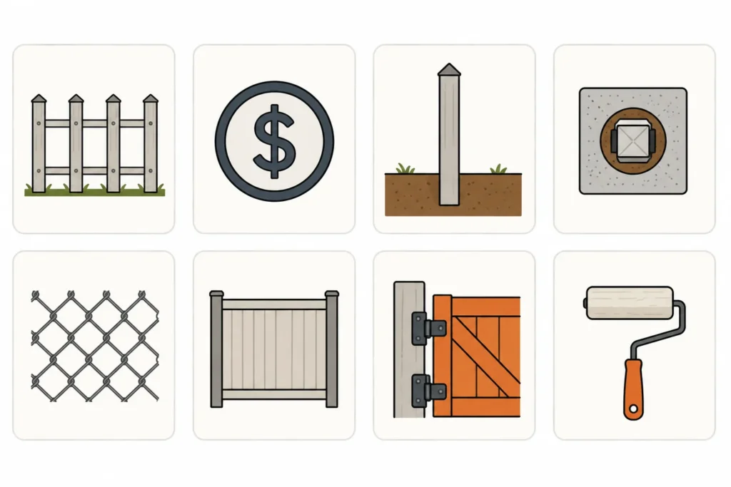 Eight fence calculator icons showing posts, costs, post holes, chain link, panels, gates, and painting