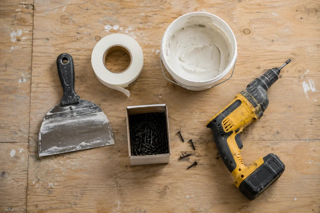 Drywall taping knife, paper tape, joint compound, screws, and screw gun on plywood