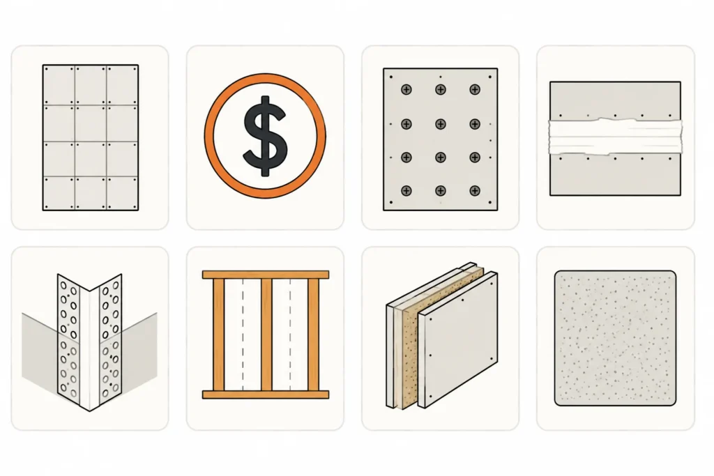 Eight drywall calculator icons showing sheets, costs, screws, seams, corner bead, studs, layers, and texture