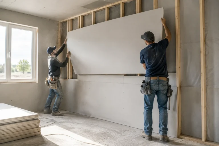 Two workers lifting a drywall sheet into place against wall studs