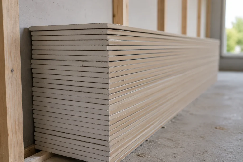 Stack of drywall sheets leaning against wall studs at a construction site