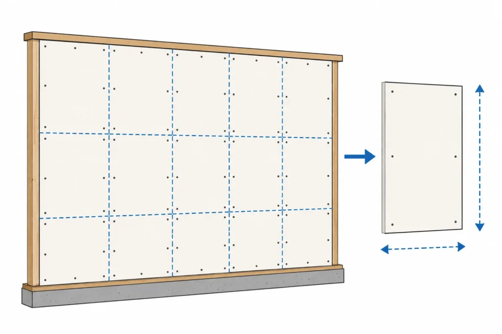 Diagram showing a wall divided into drywall panels with one sheet highlighted