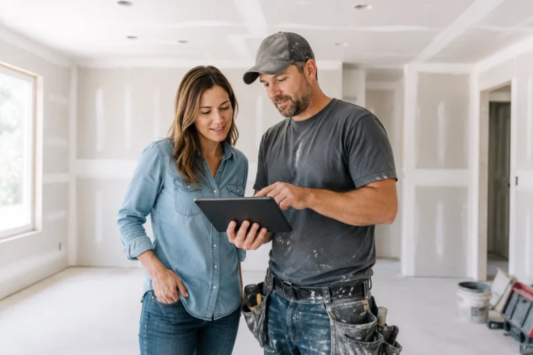Contractor and homeowner reviewing drywall project details on a tablet in a finished room