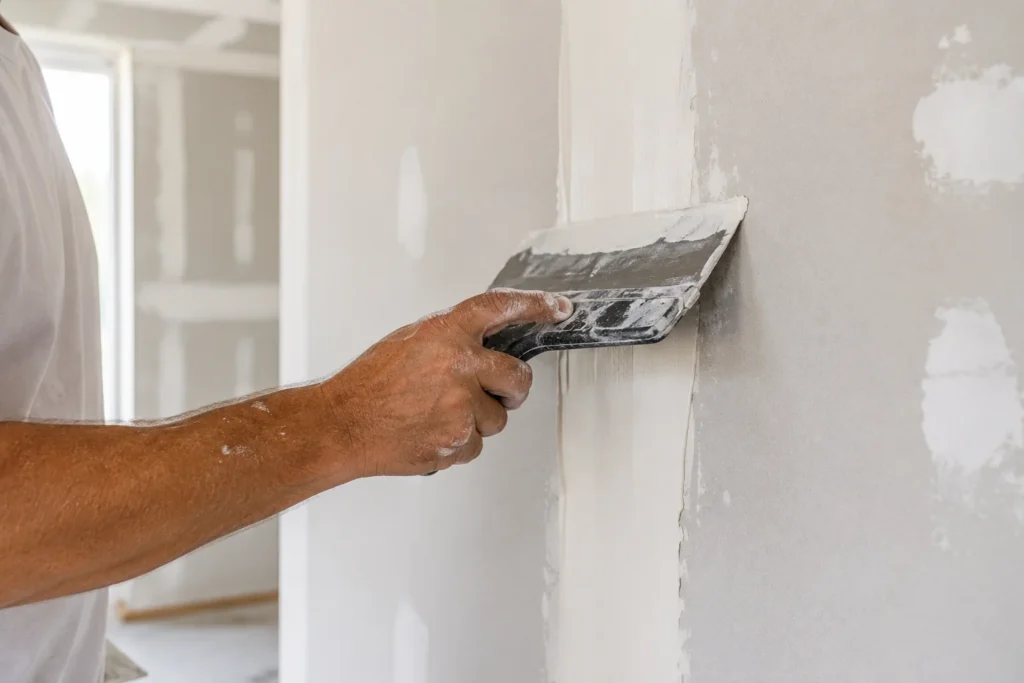 Drywall finisher applying joint compound over a taped seam with a wide finishing knife