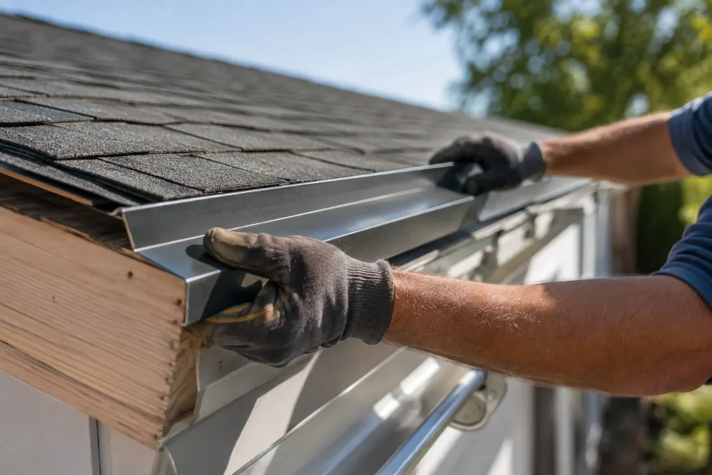 Contractor installing metal drip edge flashing along a roof eave above the fascia and gutter