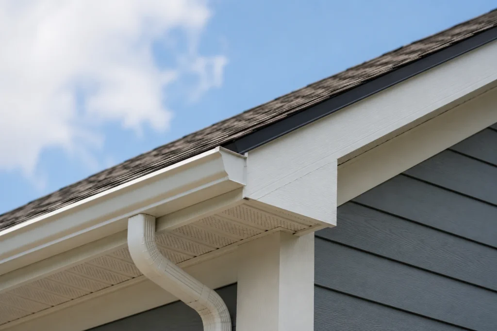 Finished roof eave showing metal drip edge above a white fascia board and gutter