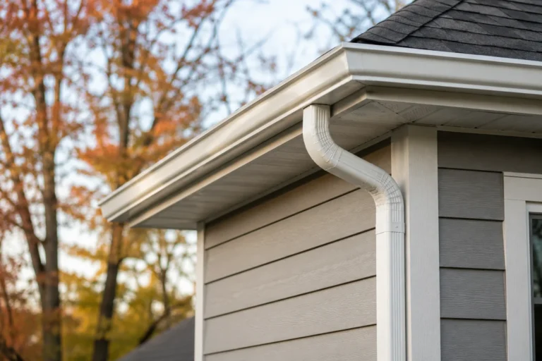 House corner with a K-style gutter running along the roofline and connecting to a vertical downspout