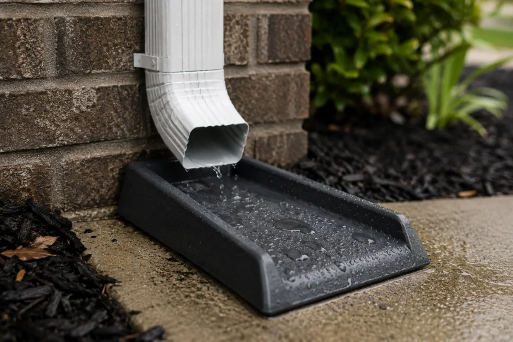 Downspout outlet directing water onto a splash block beside a brick house foundation