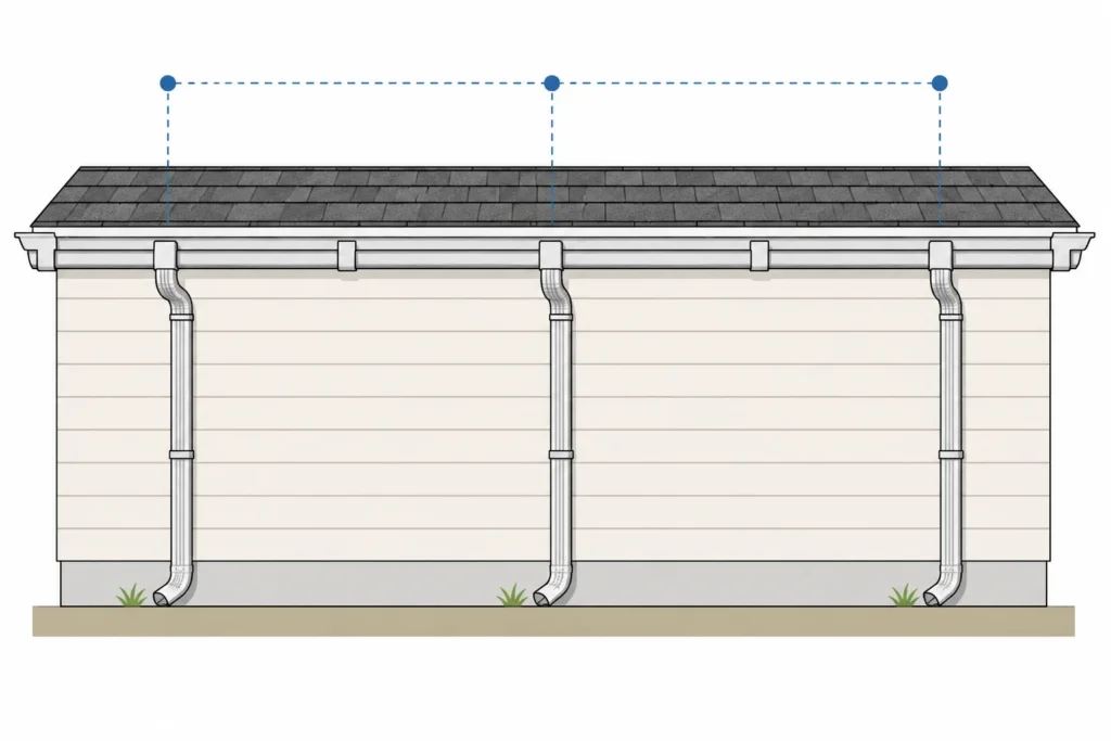 Diagram showing evenly spaced downspouts connected to a long horizontal gutter along a roofline