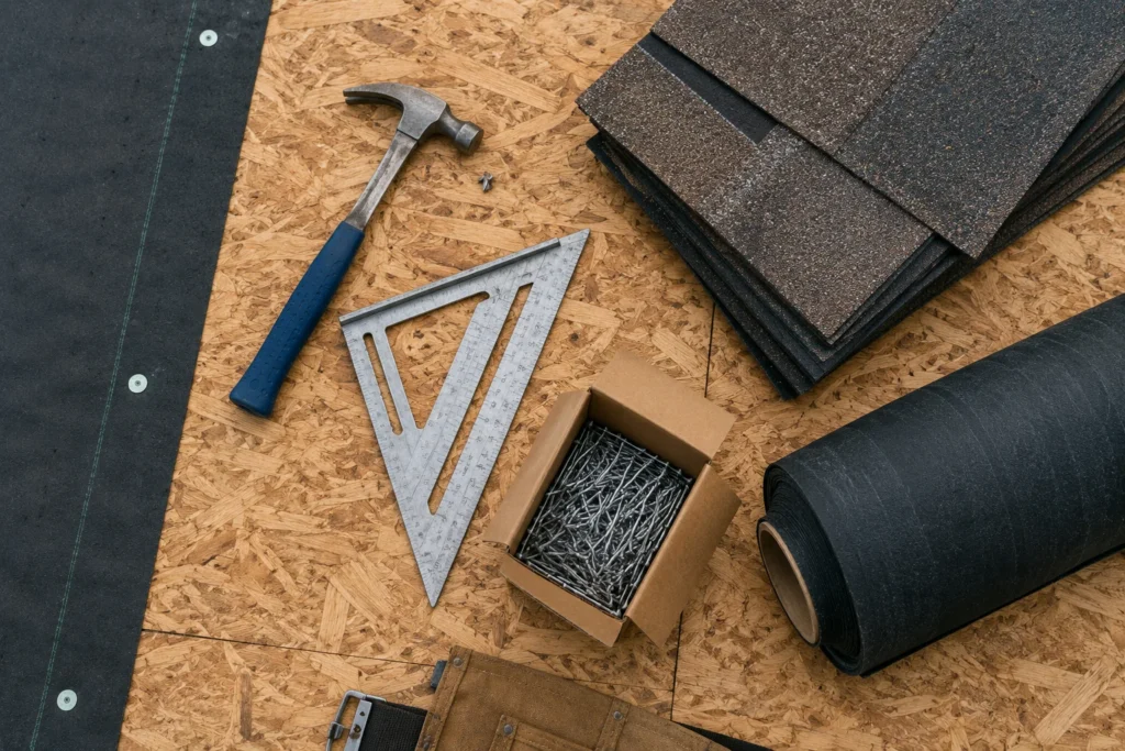 Roofing hammer, speed square, shingles, underlayment, and roofing nails arranged on a roof deck