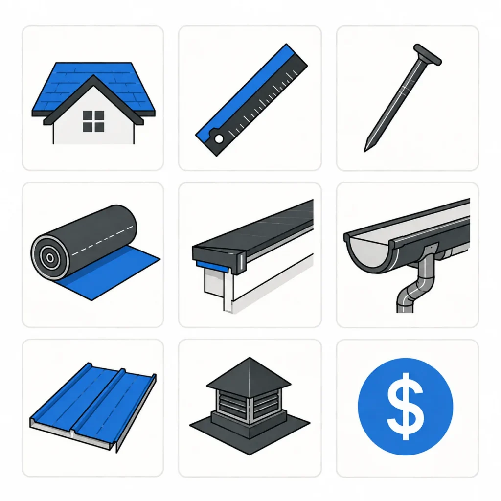 Blue and charcoal roofing calculator icons arranged in a 3 by 3 grid
