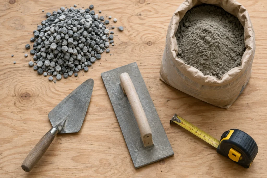 Concrete trowel, float, gravel, cement, and tape measure arranged on plywood
