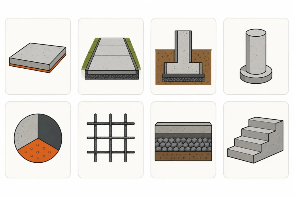 Eight concrete calculator icons showing slabs, driveways, footings, piers, mix, rebar, gravel, and stairs