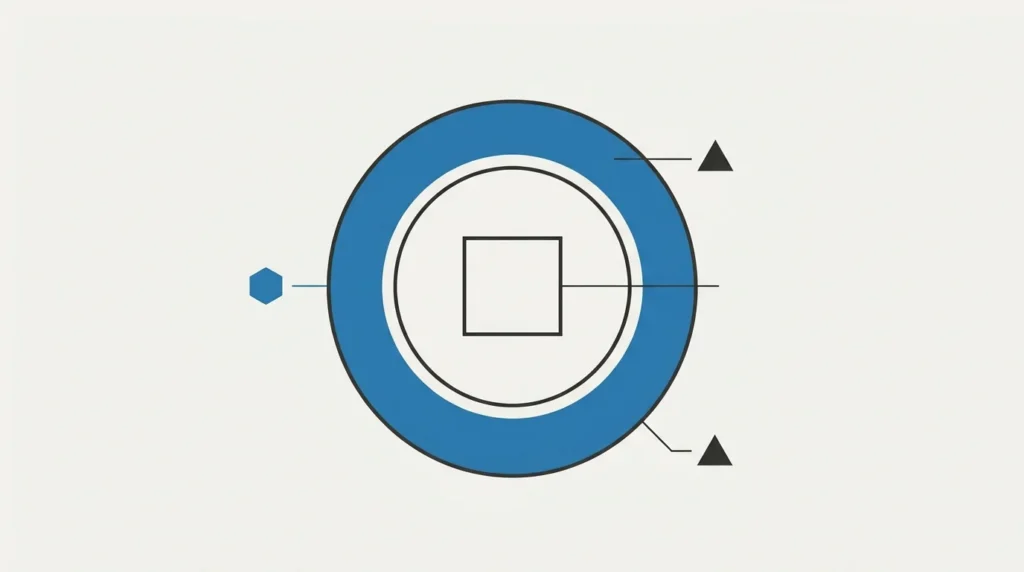 A clean, flat-design vector illustration of a central white square inside two concentric black circles, all set against a cream background. The wide ring area between the outer circle and inner circle is filled with a solid, technical blue color. Simple charcoal-gray geometric labels (circle, hexagon, triangle) mark key areas.