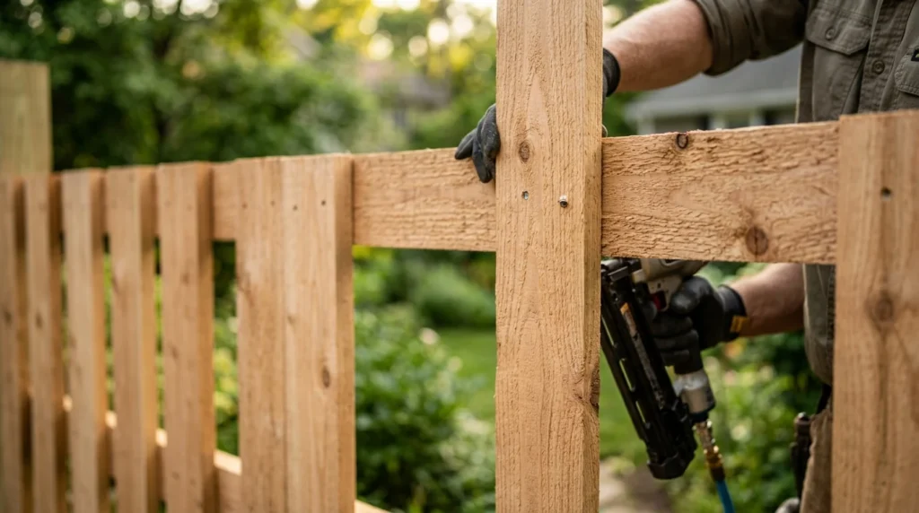 Close-up of a carpenter using a pneumatic nail gun to fasten natural cedar picket boards onto horizontal fence rails with uniform spacing.