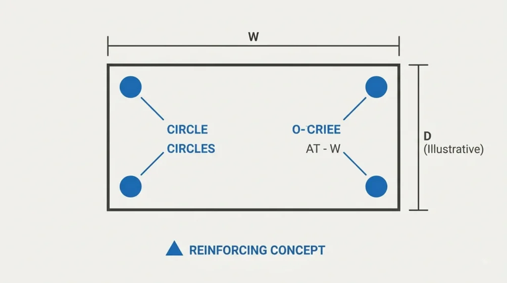 A minimalist, flat-design vector diagram of a reinforced concrete beam cross-section. It features charcoal outlines, orange circular icons for rebar, and simple geometric label placeholders with no text, on an off-white background.