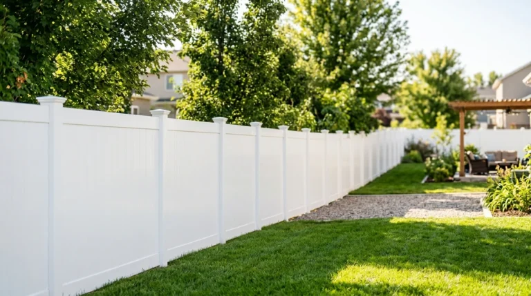 A pristine, bright white vinyl privacy fence runs along a property line in a residential backyard. The modern panels are flanked by lush green trees and foliage under a clear, sunny afternoon sky. A well-maintained green lawn is in the foreground, with a partial view of a neighboring house and a pergola with a seating area further back.