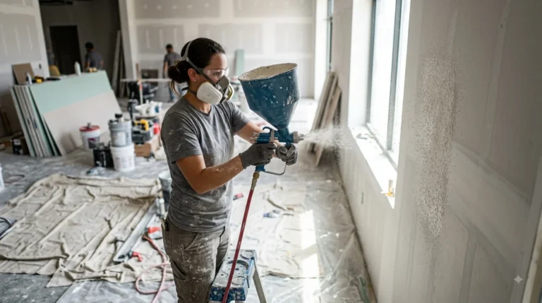 A construction worker wearing a respirator and safety glasses operates a blue hopper gun, spraying orange peel texture onto a new drywall wall. Natural daylight fills the dusty construction interior, with drop cloths protecting the floor.