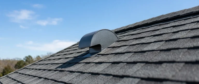 A wide photograph capturing a gray, low-profile static roof vent mounted along the ridge line of a dark asphalt shingle roof, with a clear blue sky and distant trees in the background.