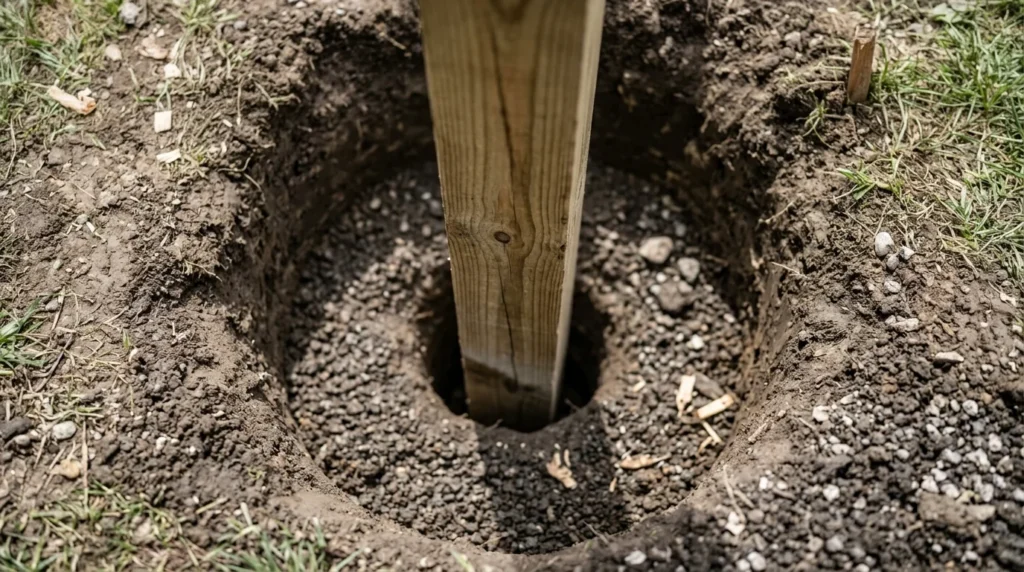 A direct top-down photograph looking into a round hole in dark, textured earth. A clean, vertical treated wood post stands centered within the hole, leaving an even annular gap. Natural light illuminates the loose aggregate and dry soil.