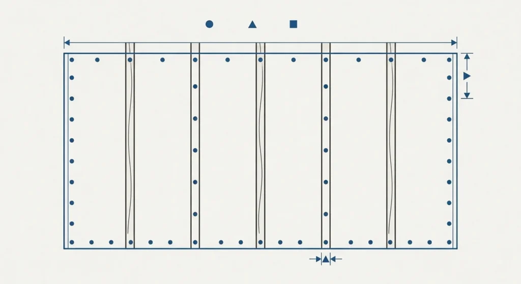 Minimalist blue technical diagram illustrating perimeter and field fastener spacing on a drywall sheet.