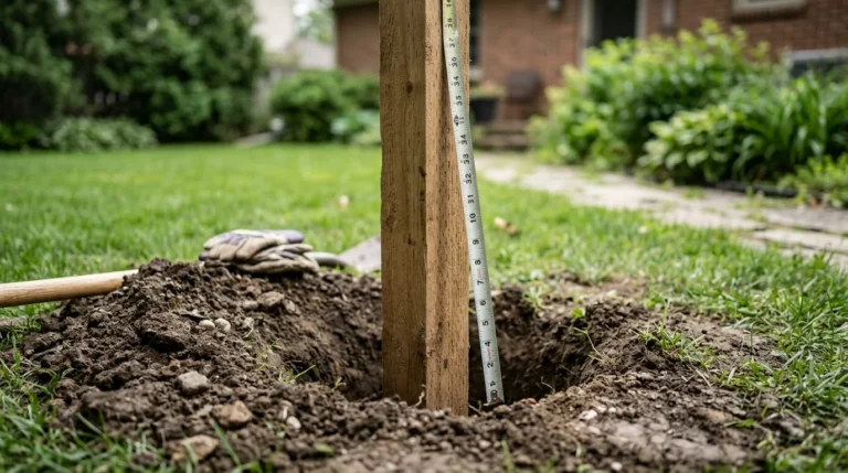 A close-up photograph of a vertical 4x4 wood fence post standing inside a deep hand-dug hole in dark earth. A metal tape measure is extended alongside the post to check the depth. In the blurred backyard background are green grass, a shovel handle, and work gloves.
