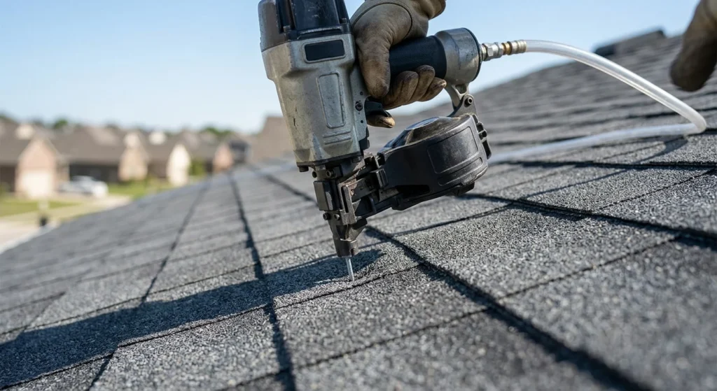 A close-up, photorealistic action shot of a pneumatic roofing nail gun driving a galvanized nail into a dark gray asphalt shingle. The scene is clean, clear of debris, and illuminated by bright midday natural daylight.