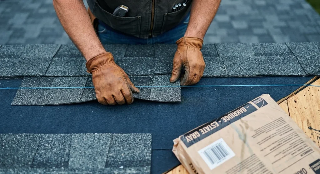 Top-down close-up view of a roofer's gloved hands aligning an asphalt shingle to a blue chalk line on roof underlayment.