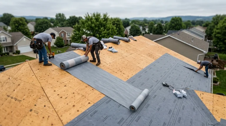 A wide-angle landscape photograph captured from a high elevation shows three roofers installing gray synthetic underlayment on a large residential roof deck. The wooden deck is visible where the material hasn't been rolled out yet. A large roll is unrolling across the center. The background shows suburban houses and trees under an overcast sky.