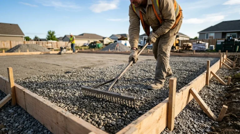 A worker uses a landscape rake to spread and level a compacted gravel base inside a wooden formwork.