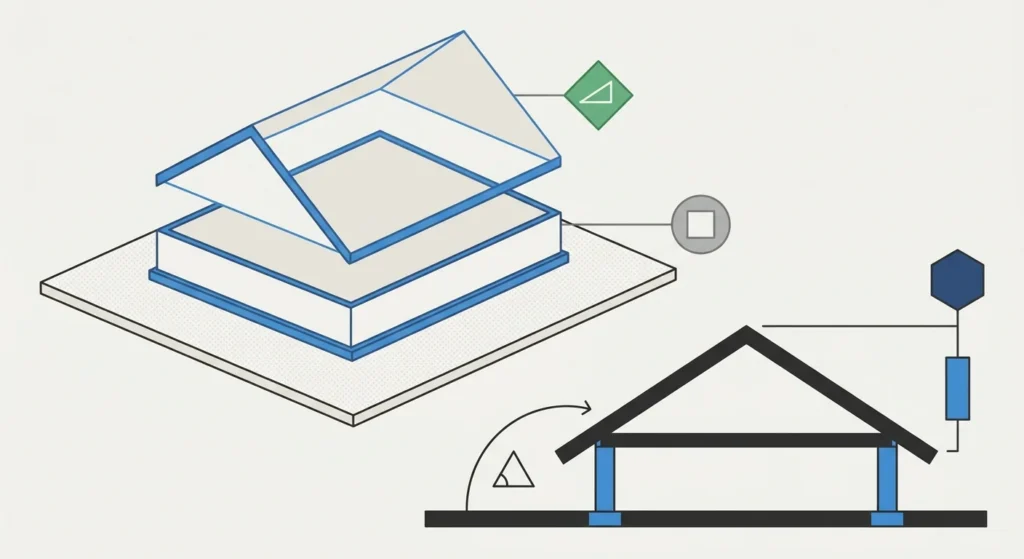 Minimal flat-design vector diagram illustrating a house footprint overlaid with a triangular roof cross-section showing pitch angles.