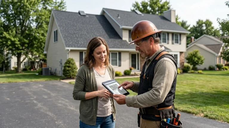 A photorealistic photo showing a homeowner and a roofing contractor in a hard hat smiling and looking at a tablet together. In the background is a modern two-story house with a newly installed asphalt shingle roof, under bright, natural daylight. The image has a shallow depth of field.