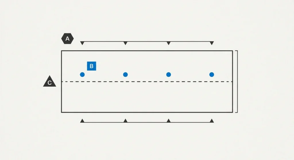 A simple, flat-design vector illustration of a rectangular asphalt shingle. Four small safety blue dots are evenly spaced across the upper section of the charcoal gray shingle, indicating the required nail placement points. There is no readable text, only minimal lines and ample white space on an off-white background.