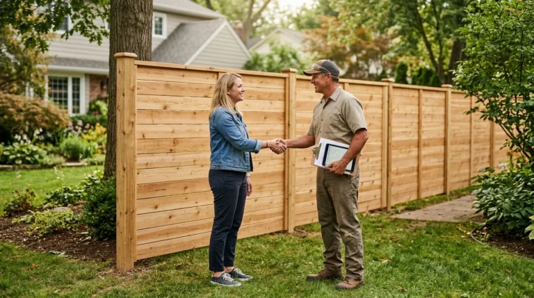 A homeowner in a denim jacket smiles and shakes hands with a fence contractor holding a tablet in front of a newly installed horizontal wood privacy fence in a suburban backyard.