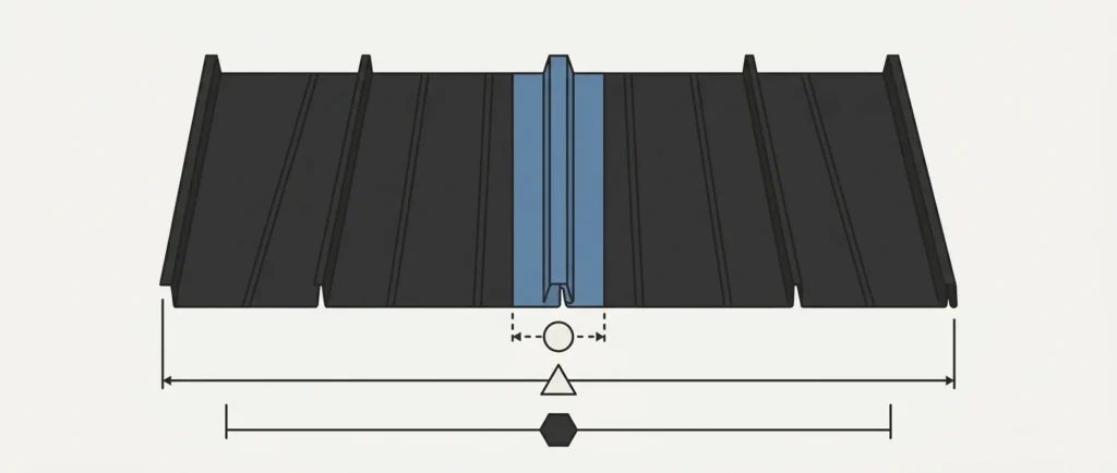 Flat technical diagram showing side-by-side metal roof panels with an overlapping seam highlighted in blue to illustrate coverage width.