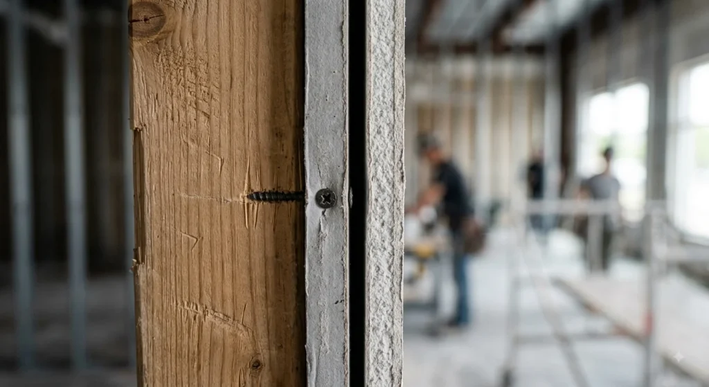 A close-up construction photograph taken from a side angle. It shows the edge of two stacked layers of drywall (grey base, white face) with a sharp, vertical gap between the sheets. A dark phillips-head drywall screw is fully embedded in the base layer, with only the screw head visible. The background shows a blurred commercial interior.