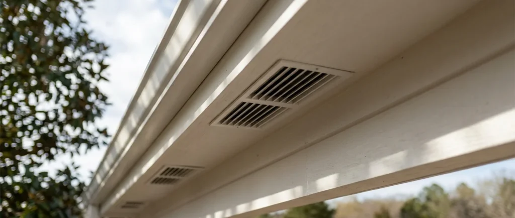 Close-up view looking up at rectangular, louvered intake vents with small 'v' shapes, installed in a white fascia under a dark roof overhang.