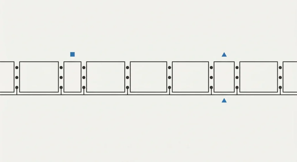 A clean, minimal flat-design technical diagram on a cream background. It features a linear sequence of charcoal-gray repeating rectangular panel shapes with small solid circular post markers between them. A single, wider gap shape indicates a gate opening. Small, distinct geometric shapes (blue solid square above a standard panel, blue solid triangle above and below the gate gap) serve as non-readable technical labels within plenty of white space.